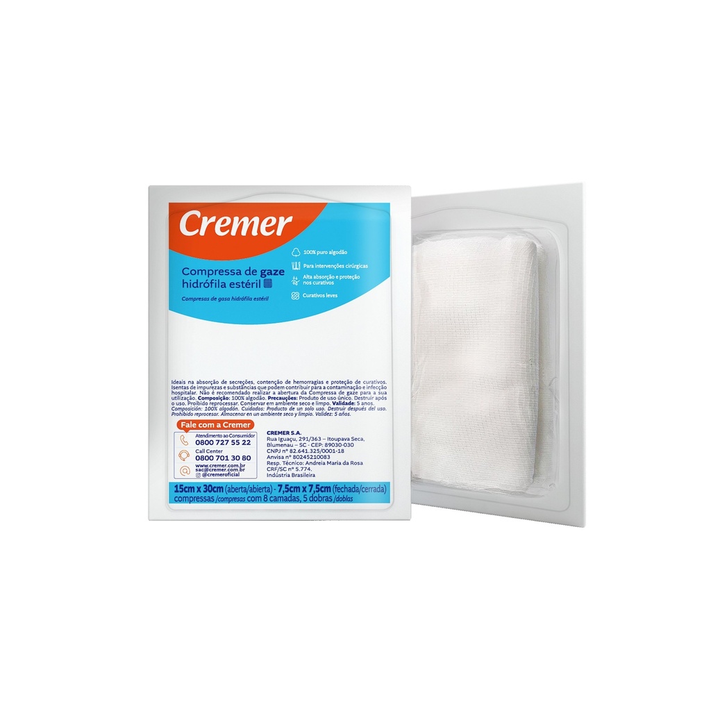 [7891800303131] Compressa Gaze Esteril 10X10CM 1env c/ 10un Cremer