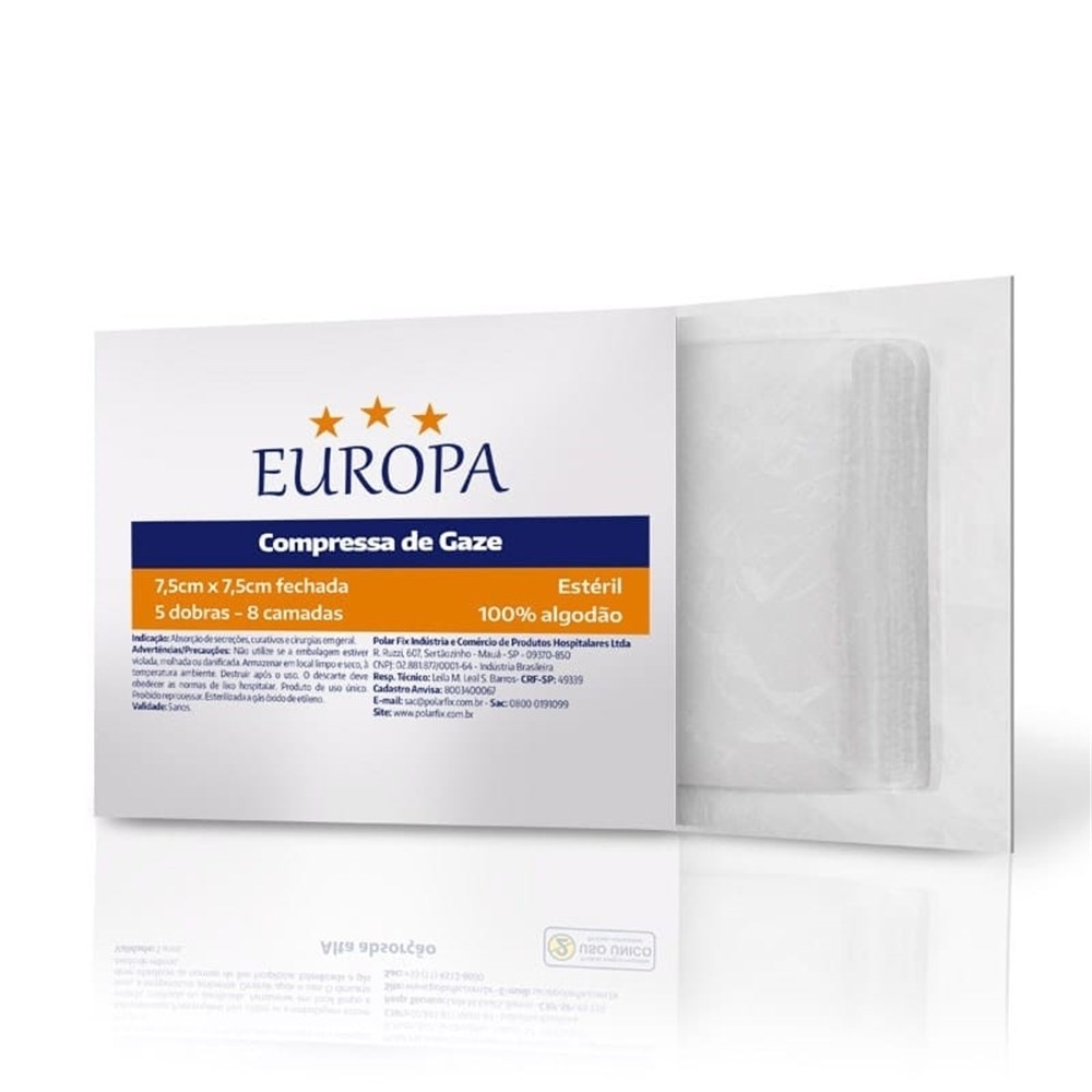 [7898010920097] Compressa Gaze Esteril 7,5X7,5 11 Fios com 10un Europa Polar Fix