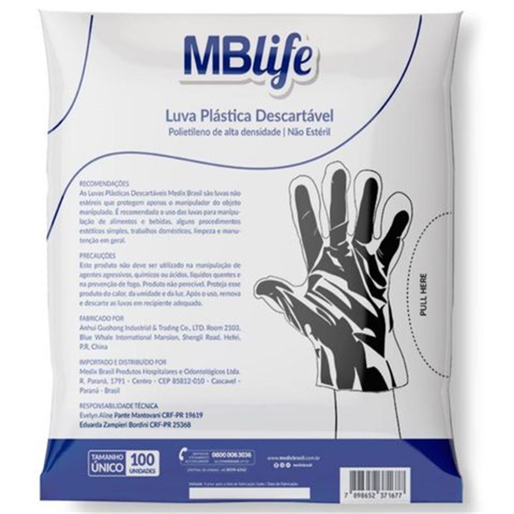 Luva Plástica Transparente HDPE Nao Esteril c/ 100un Medix