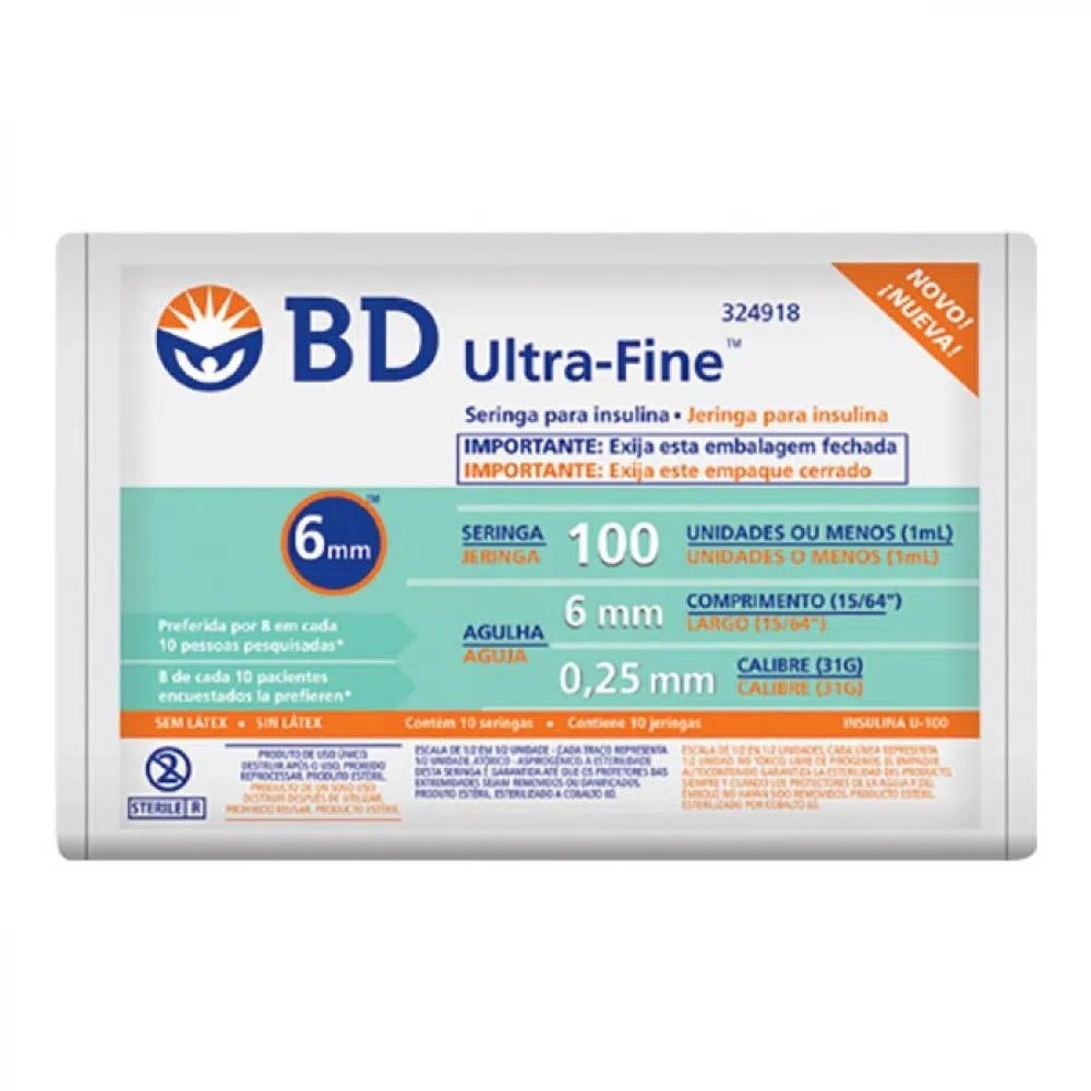 Seringa Ultra Fine 6x0,25mm 1ML/100UI com 10un AC 324918 BD