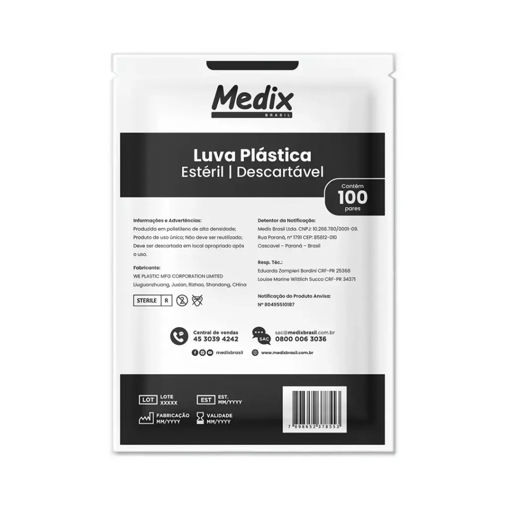 Luva Plástica Transparente Esteril c/ 100un Medix