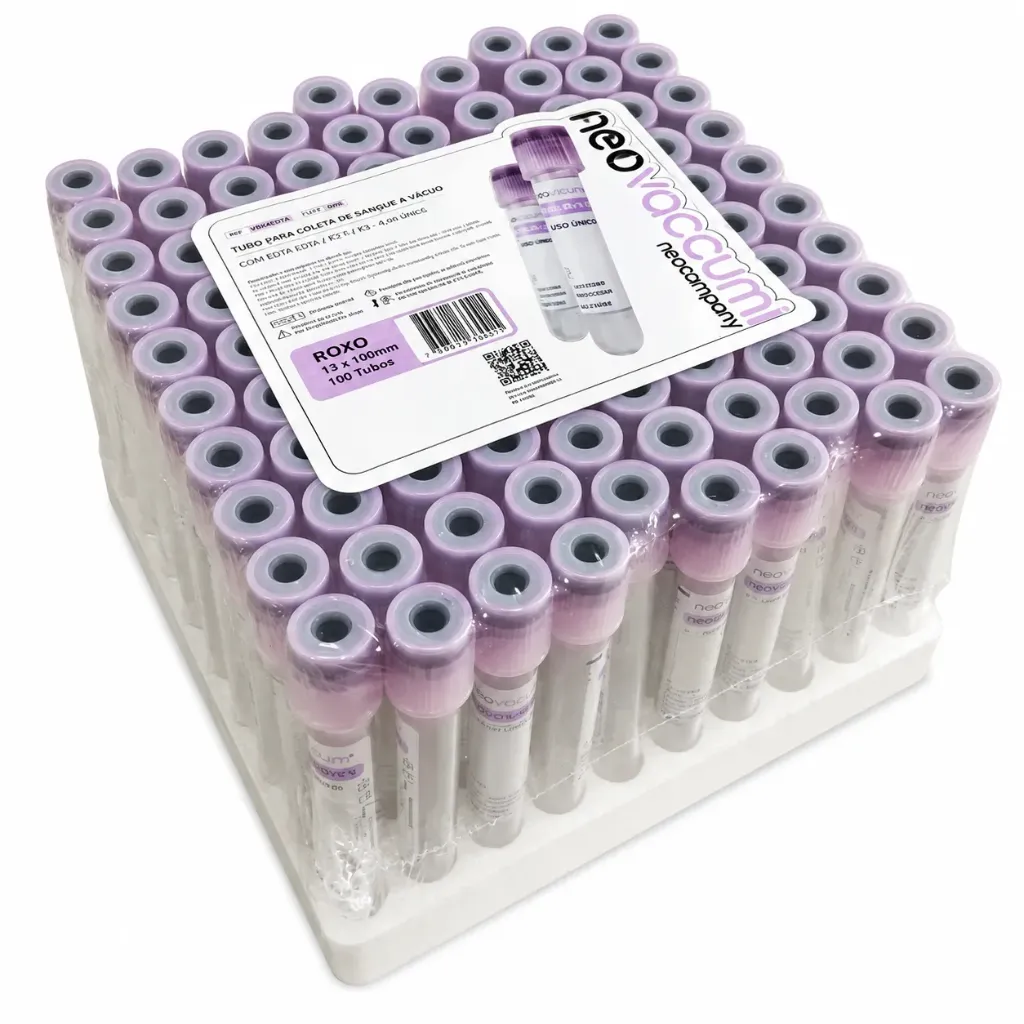 [7898711762415] Tubo Coleta Sangue Vacuo Plastico EDTA - K2 + Gel Sep Roxo 5ml c/ 100un Neolab