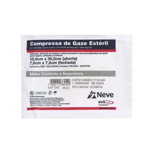 [7898172862549] Compressa Gaze Esteril 7,5X7,5 11 Fios com 10un Neve