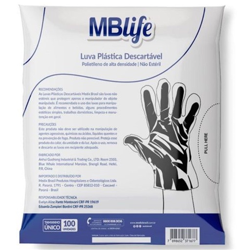 [7898652371677] Luva Plástica Transparente HDPE Nao Esteril c/ 100un Medix